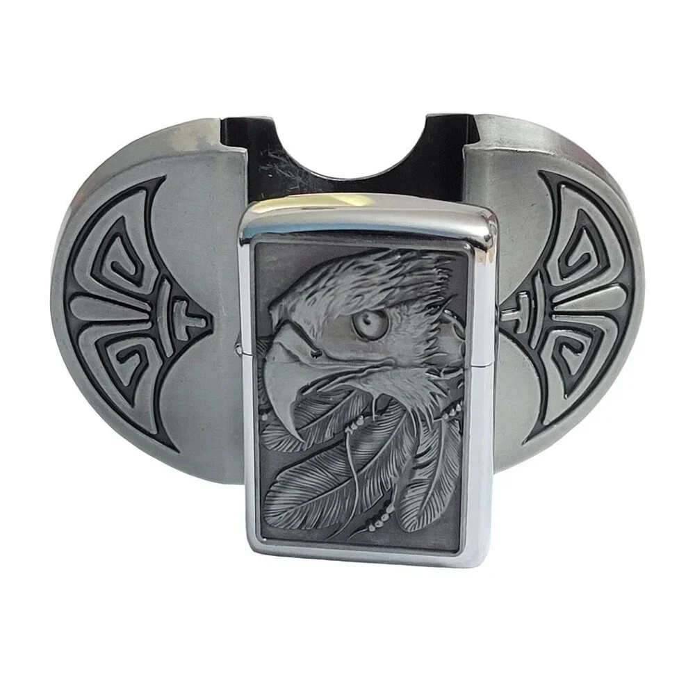 Eagle Head Vintage Silver Finish Metal Lighter Belt Buckle - Free Engraving - Picture 3 of 9